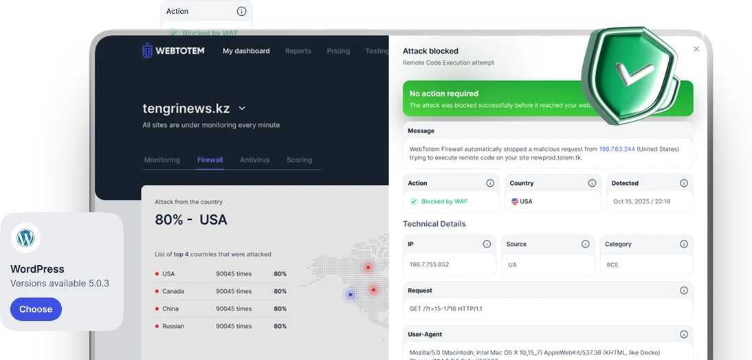 Интерфейс WebTotem: мониторинг сайтов и блокировка атак